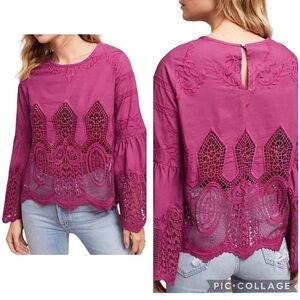 Anthropologie Chloe Oliver boho embroidered lace bell sleeve blouse size…